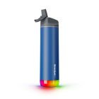 blue smart water bottle with six different glow colours at the bottom 