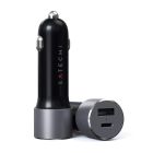 2 car chargers, One with the brand name "satechi" on it and another one showing the USB-A and USB-C ports.