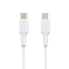 Opposite ends of a white cable with a USB-C and USB-C connectors