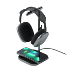 A pair of AirPods Max and iPhone on the Satechi headphone stand.