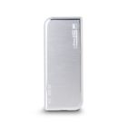 silver portable ssd card front view with 2 curved edges and 2 straign edges 
