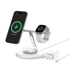 Display of Belkin BoostCharge Pro 3-in-1 Magnetic Wireless Charging Stand with Qi2 15W + 36W Charging Adapter - White