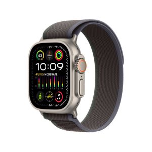 Front screen view of Apple Watch with digital crown, side button, Three‑Microphone Array and  Depth Gauge on the right side of the watch with Green/Grey trail loop band