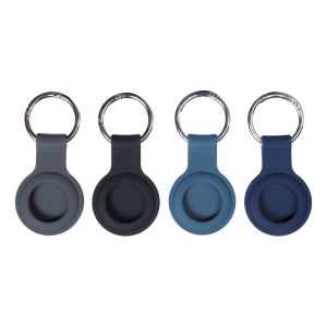 4 Moov Soft Touch AirTag Keyrings in black, baltic blue, grey and navy blue. Back