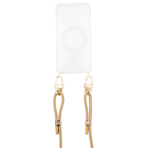 Back view of Woman On The Move iPhone 16 Pro Clear Magsafe cover with Chai Latte gold clip strap
