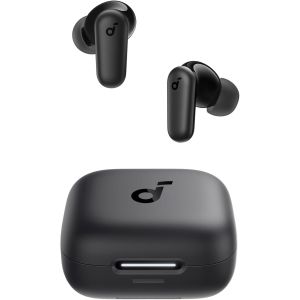 A pair of black Bluetooth earphones presented against a neutral backdrop, highlighting their contemporary style and functionality