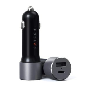 2 car chargers, One with the brand name "satechi" on it and another one showing the USB-A and USB-C ports.