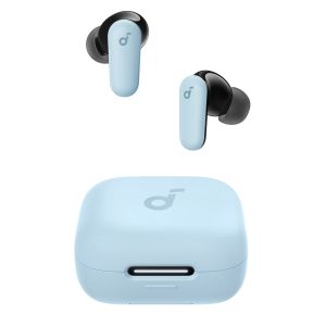Blue Bluetooth earbuds by Soundcore, showcasing a sleek design and wireless functionality.