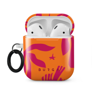 AirPods case in vibrant orange and pink colors, featuring a keychain for easy portability.
