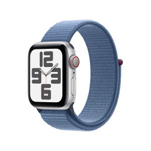 Front screen view of Silver Aluminium Case Apple Watch with digital crown& side button and Storm Blue Sport Loop