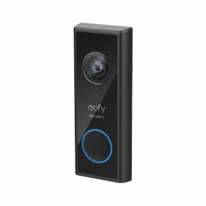 Front of the eufy Video Doorbell featuring a Lens with an expanded field of view at 4x3, surrounded by 8 IR lights that are triggered upon movement, the PIR sensor and push to active button.