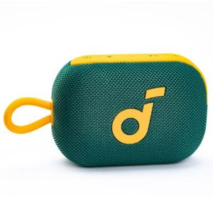 Front of speaker with gold/ yellow loop and logo 