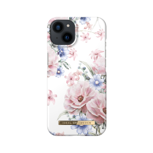 Ideal of Sweden Fashion iPhone 14 Case with delicate floral print in light pinks and purples. Back of case