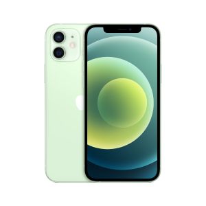 2 Green iPhone 12 models placed back to back, one showing the 6.1-inch display screen and the other one one showing the rear dual camera system.