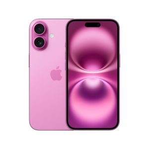 2 x iPhone 16 models positioned back to back, one showing the 6.1-inch screen and the other showing the dual-camera system.