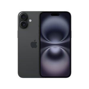 2 x iPhone 16 models positioned back to back, one showing the 6.1-inch screen and the other showing the dual-camera system.