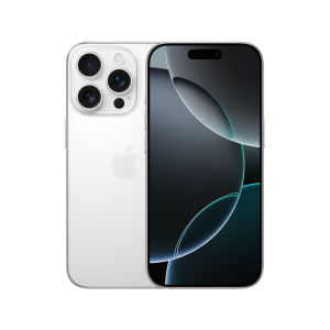 2 x White Titanium 
iPhone 16 Pro models positioned back to back, one showing the 6.3-inch screen and the other showing the dual-camera system.