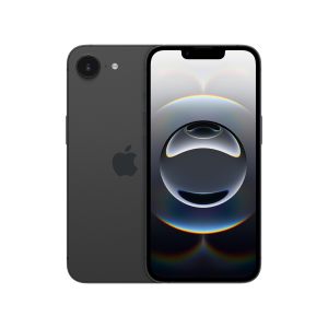 2 x iPhone 16e positioned back to back, one showing the 6.1-inch screen display and the other, the 2-in-1 camera system.