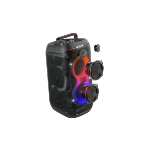 Front of speaker showing lights and speaker popping out