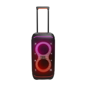 Speaker with telescopic handle and lightshow on - front view