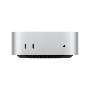 Front of the Mac mini showing 2 x USB-C connectors and 3.5 mm headphone jack