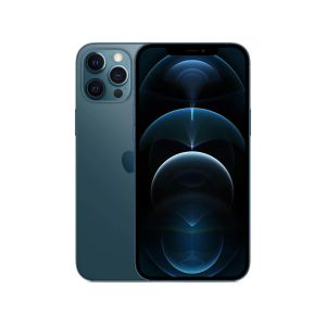 2 iphone 12 Pro Max models positioned back to back, one showing the rear 3 camera system and the other the 6.7-inch display screen.
