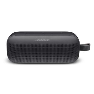 Horizontal view of the front of the Bose speaker featuring the speaker grille making up 2 thirds of the front panel and row of control buttons on top of the speaker.