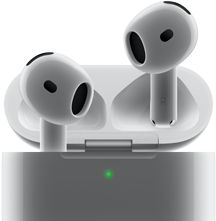 AirPods 4 shown floating out of case, the case has a green light on it