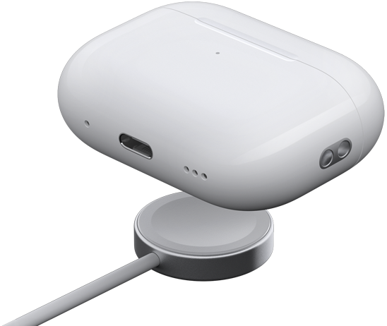 AirPods Pro 2 charging case above an Apple Watch charger
