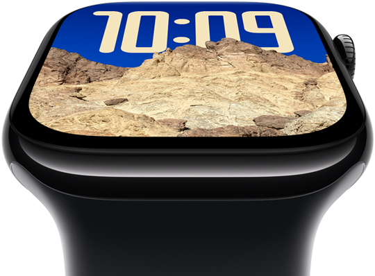 The screen of Apple Watch Series 10 tilting back to emphasize its larger screen area.
