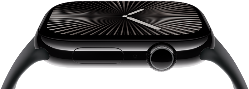 The screen and digital crown of an Apple Watch Series 10 seen from the side. The watch tilts sideways to show more of the screen.