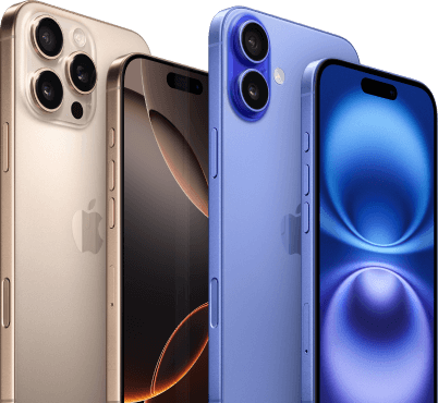 iPhone 16 in ultramarine and iPhone 16 Pro in Desert Titanium