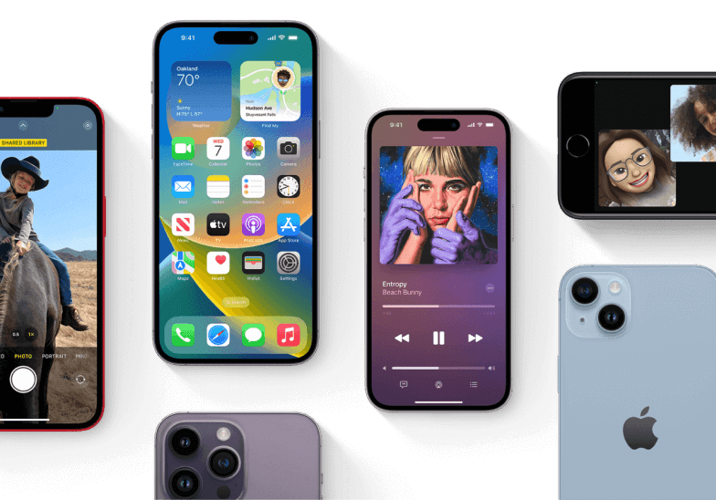 iPhones showing various screens