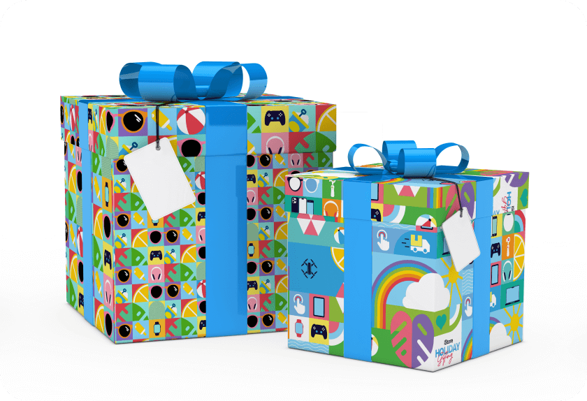 Presents with gift wrap and blue bows