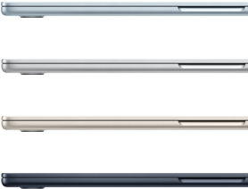 Four MacBook Air laptops showing colours available: Sky Blue, Silver, Starlight and Midnight