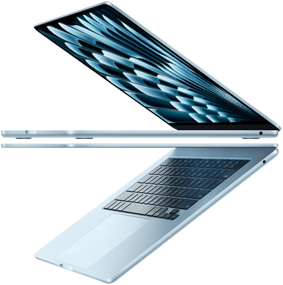 Two open MacBook Air laptops in Sky Blue colour forming arrow shape, emphasising narrow profile