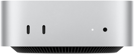 Front view of silver Mac mini showing front ports