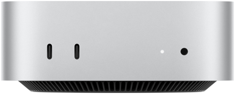 Front view of silver Mac mini showing front ports: two USB-C ports and one 3.5mm headphone jack