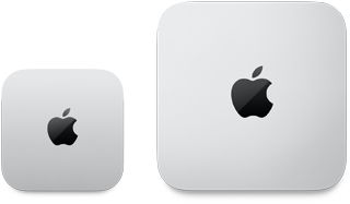 Top view of 2024 silver Mac mini with Apple logo next to 2023 silver Mac mini with Apple logo to demonstrate difference in size