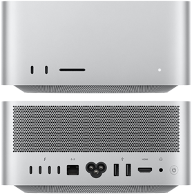 Mac Studio front 2 USB-C ports and SDXC card reader, and back view of 4 USB-C and 2 USB-A ports, Ethernet port, HDMI connection, and headphone jack