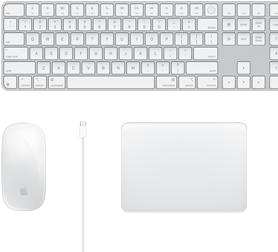 Desktop view of Magic Mouse, USB-C cable, Magic Trackpad and numeric Magic Keyboard accessories