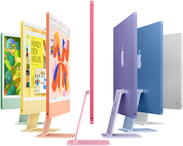 iMac Brilliant. View of iMacs in green, yellow, orange, pink, purple, blue and silver colours
