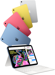 iPad in blue, pink, yellow and silver colours, and iPad attached to the Magic Keyboard Folio with Apple Pencil