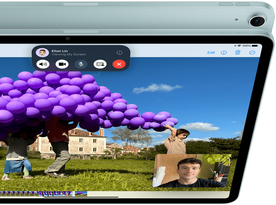 iPad Air with 12MP Ultra Wide front camera showing SharePlay feature in FaceTime