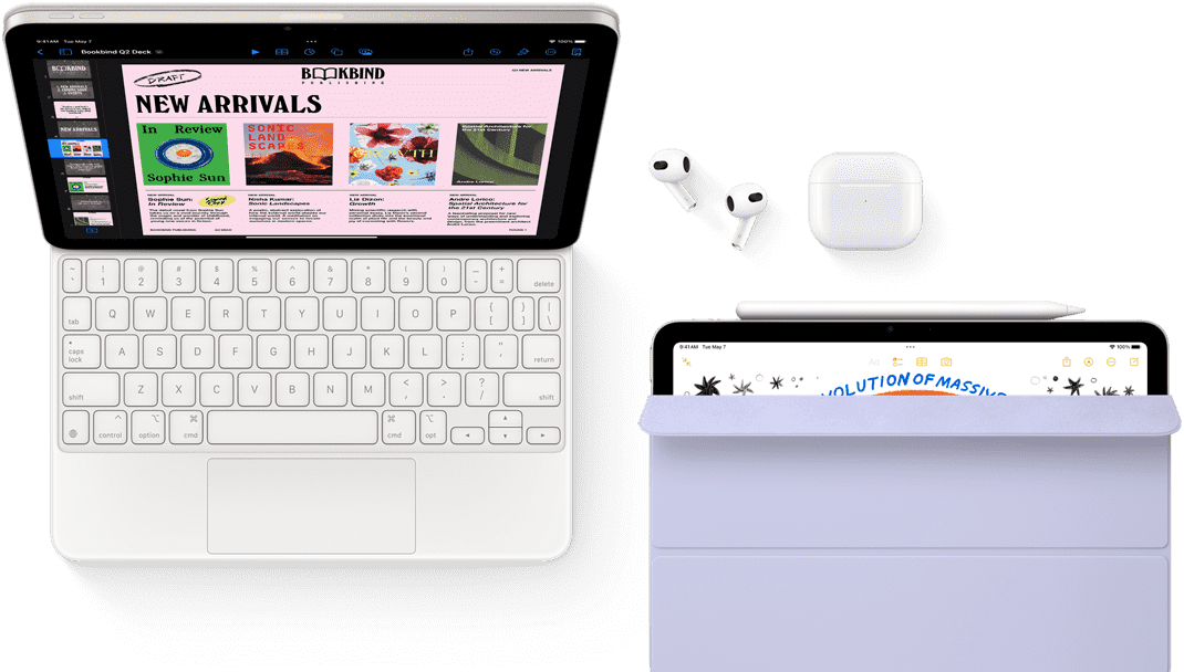 iPad Air attached to Magic Keyboard, with Airpods Pro, Apple Pencil Pro, and Smart Folio accessories