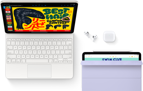 iPad Air attached to Magic Keyboard, with AirPods Pro, Apple Pencil Pro and Smart Folio accessories