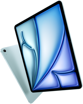 Front angled view of 13-inch iPad Air showing colourful display, back view of 11-inch iPad Air showing back exterior and camera