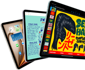 Three iPad Air displays showing iPadOS and apps features