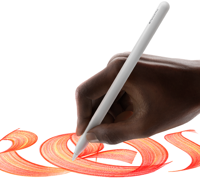 Apple Pencil Pro is used to create a colourful, swirly script held by a user’s hand