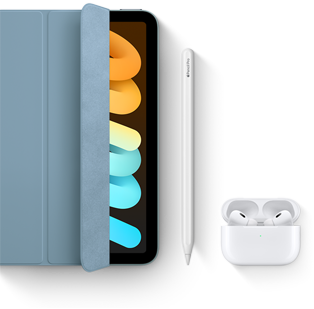 iPad mini is shown in use with Smart Folio, Apple Pencil Pro and AirPods Pro